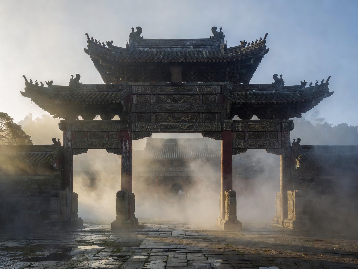 Ancient Chinese temple gate surrounded by dense morning mist