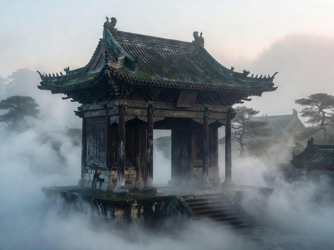 Ancient Chinese temple gate surrounded by dense morning mist