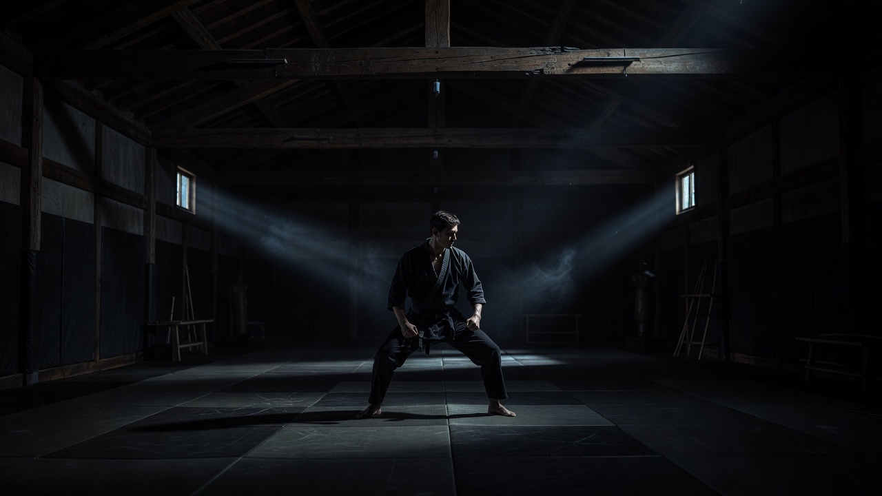 Cinematic dark martial arts dojo setting showcasing traditional tatami mats and weapon racks