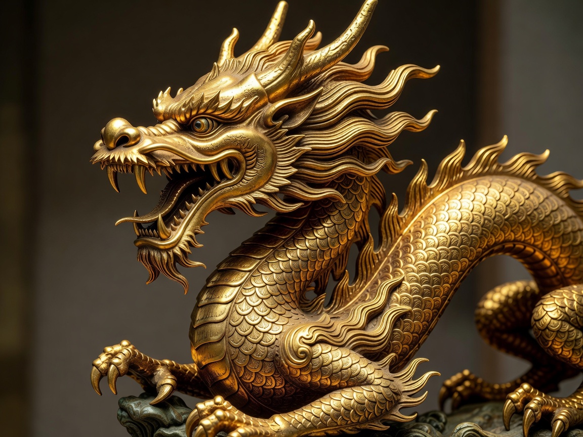 Close up details of an ornate imperial golden dragon sculpture