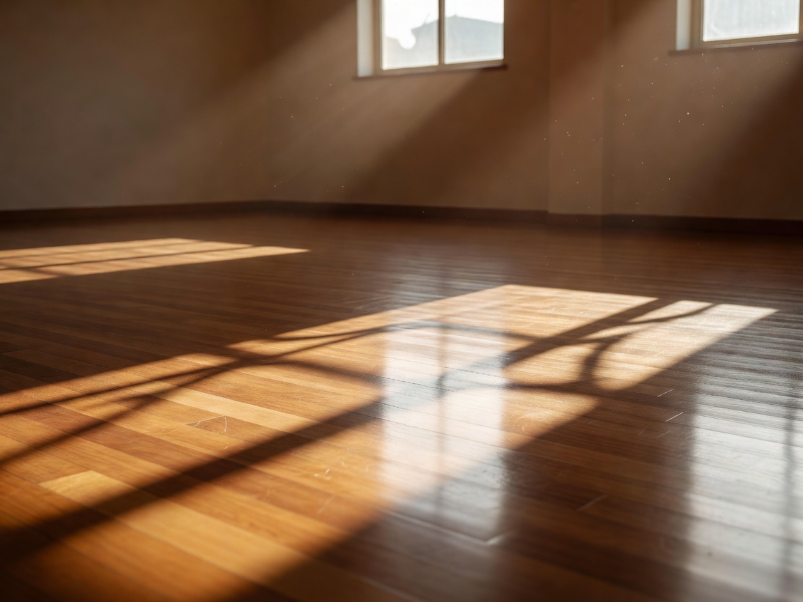 Empty martial arts training studio with sunlight casting long shadows on clean wooden floorboards