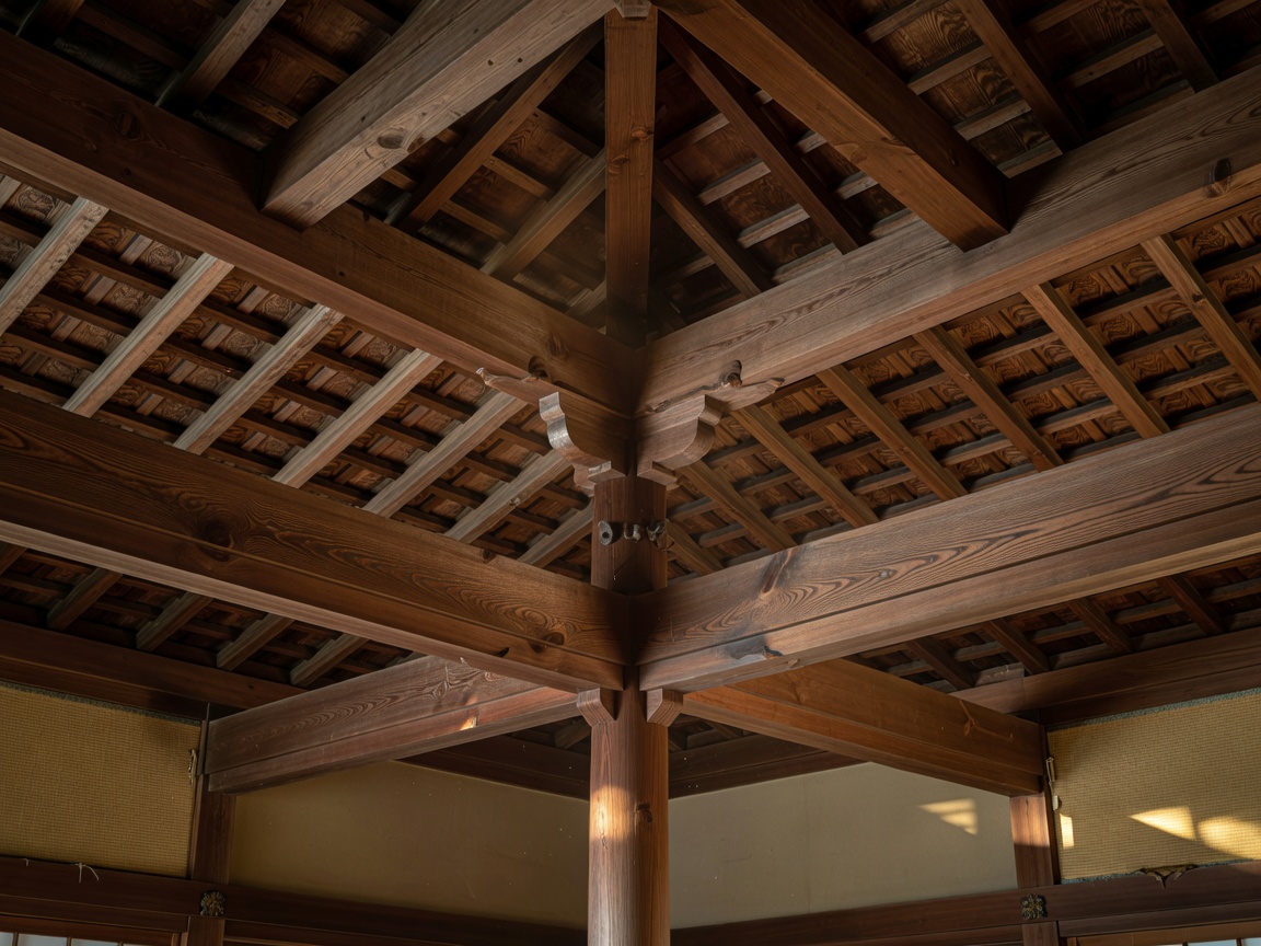Intricate wooden roof details of a traditional Japanese martial arts dojo
