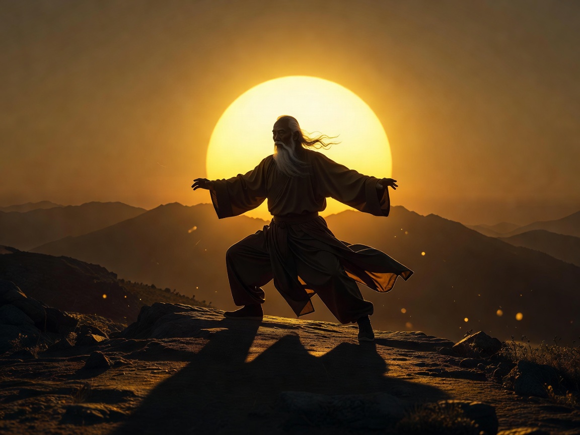 Kung Fu master performing a dynamic strike silhouetted against a golden rising sun