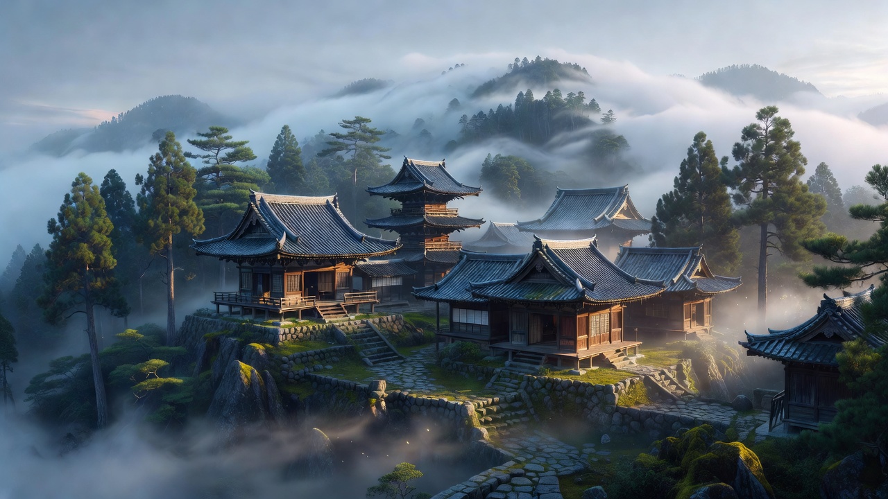 Mystical Japanese mountain temple surrounded by morning fog and pine trees