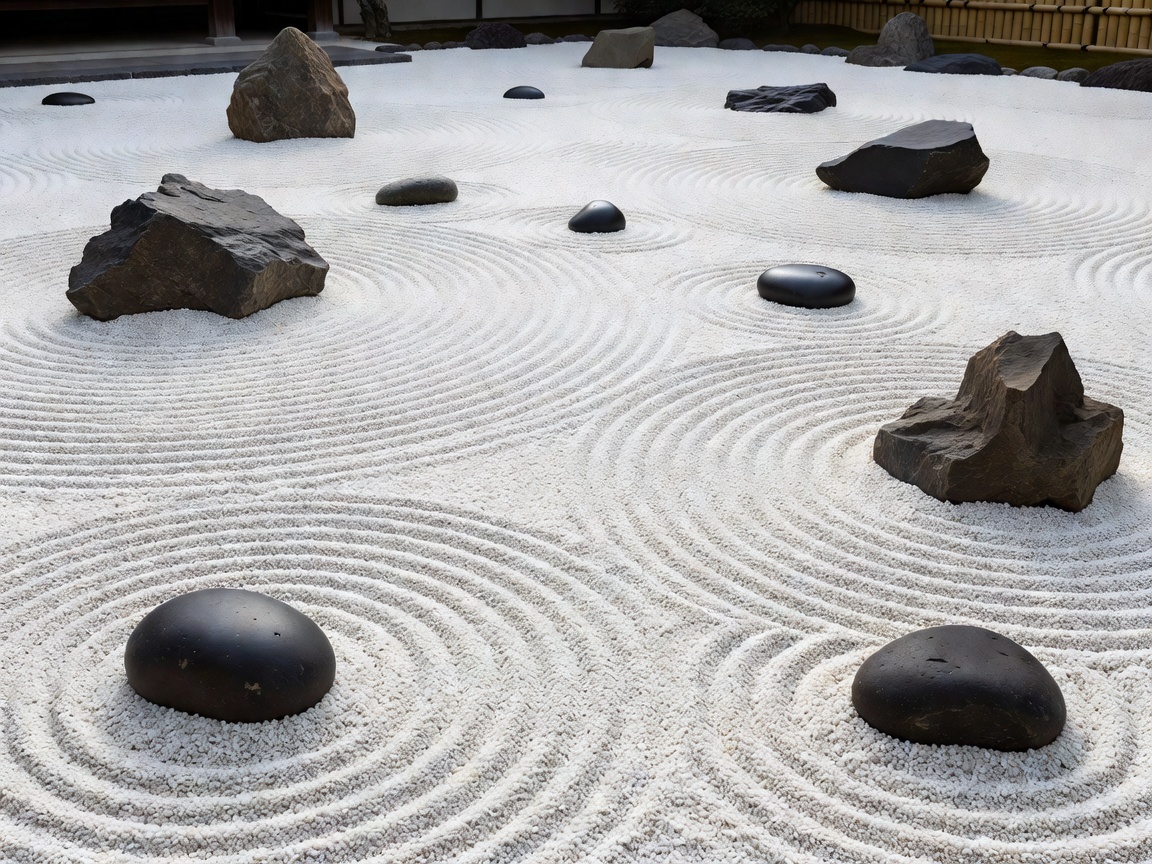 Zen stone garden with meticulously raked white gravel and dark volcanic basalt rocks